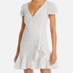 Bardot White Eyelet Lace Wrap Dress M Cottagecore Coquette Puff Sleeve Mini